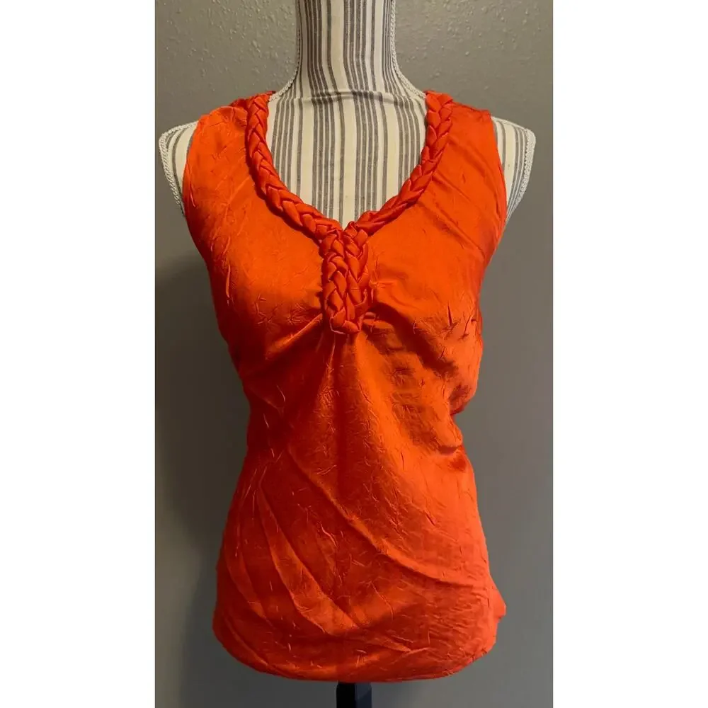 Rafaella Orange Satin Braided Neck Sleeveless Blouse Size M - Picture 7 of 8